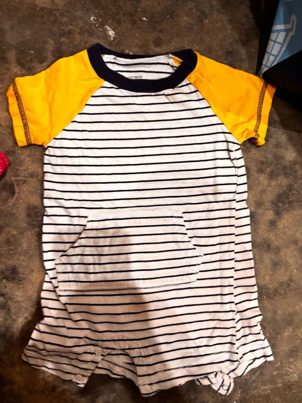 Carter's Striped Short-Sleeve Romper with Yellow Raglan Sleeves and Front Pocket